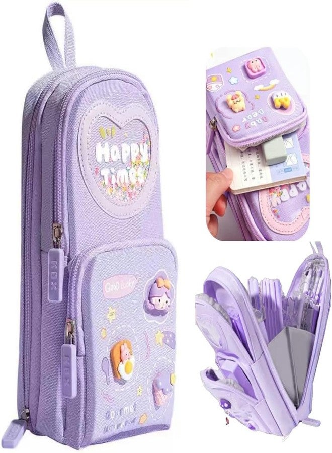 SRUSTEPY Kawaii Style Pencil Case, Three Layer Design, Purple Backpack Shape with Happy Time Pattern, Large Capacity Storage - Image 1